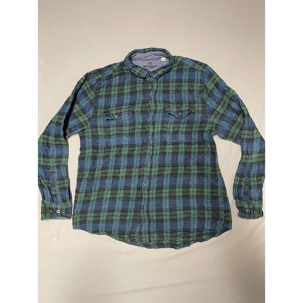 Woolrich Mens Large Blue Green Plaid Flannel Button Down Shirt 100% Cotton